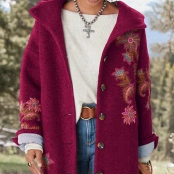 SUNDANCE BLOOMING BOUCLE EMBROIDERED WOOL BLEND HOODED COAT SZ S - Picture 1 of 5